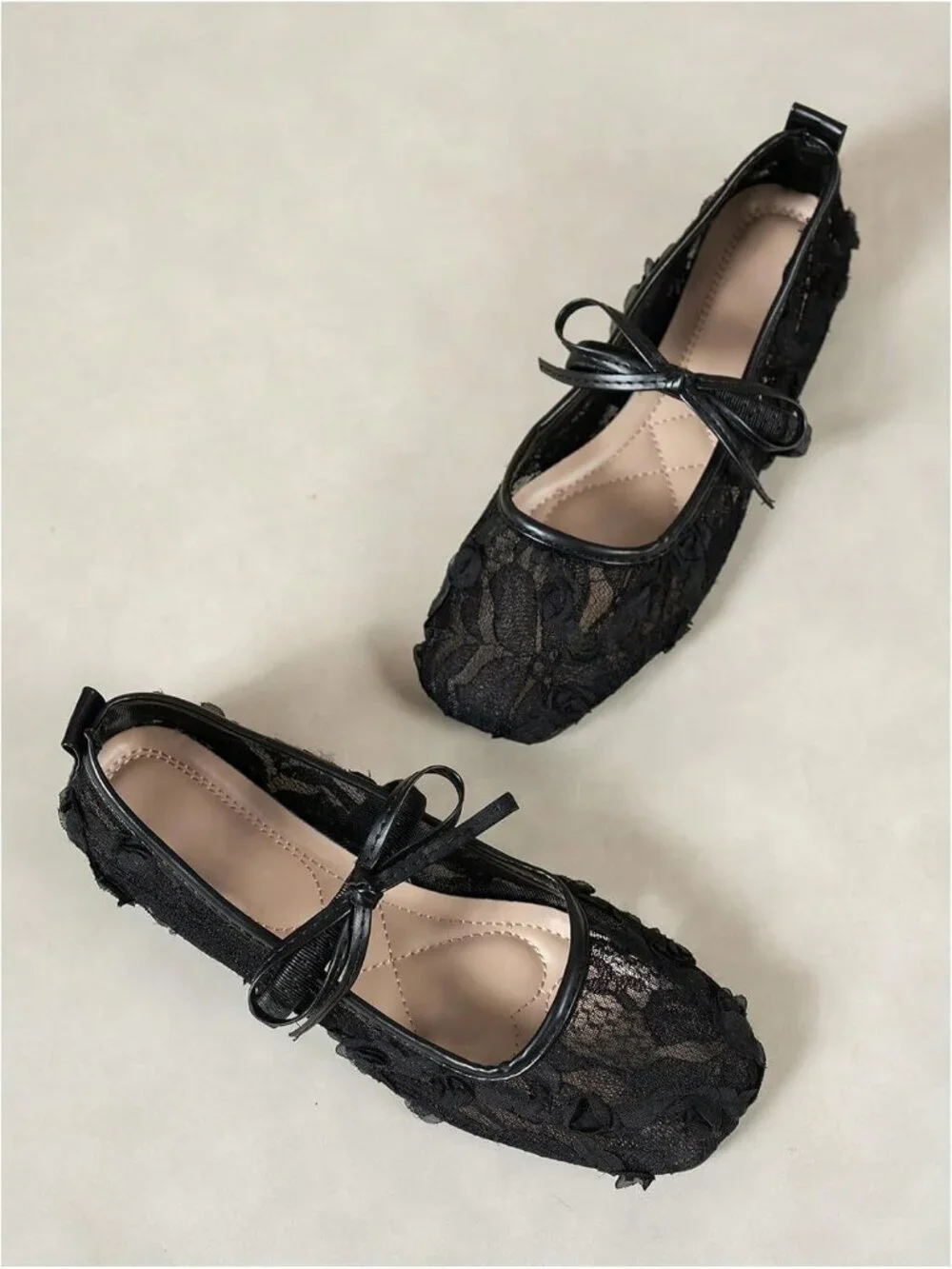 Women's Black Mesh Ballet Flats Lace Bow Square Toe Wedding Dressy Work Shoes